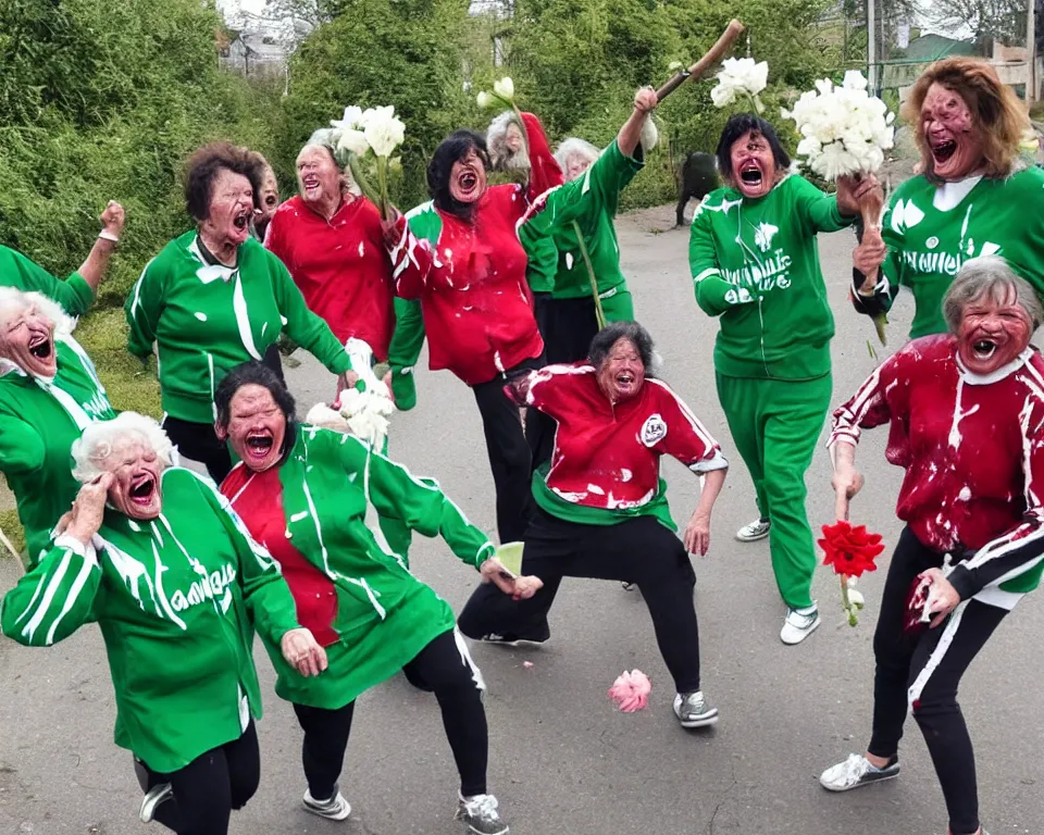 Prompt: a gang of old ladies waving machetes, and carrying flowers, and wearing green and white Umbro track suits, with blood splatters laughing maniacally and screaming