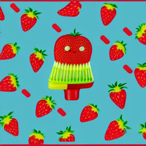 Image similar to a cute strawberry with two front teeth, holding a yellow toothbrush, in the style of debbie criswell