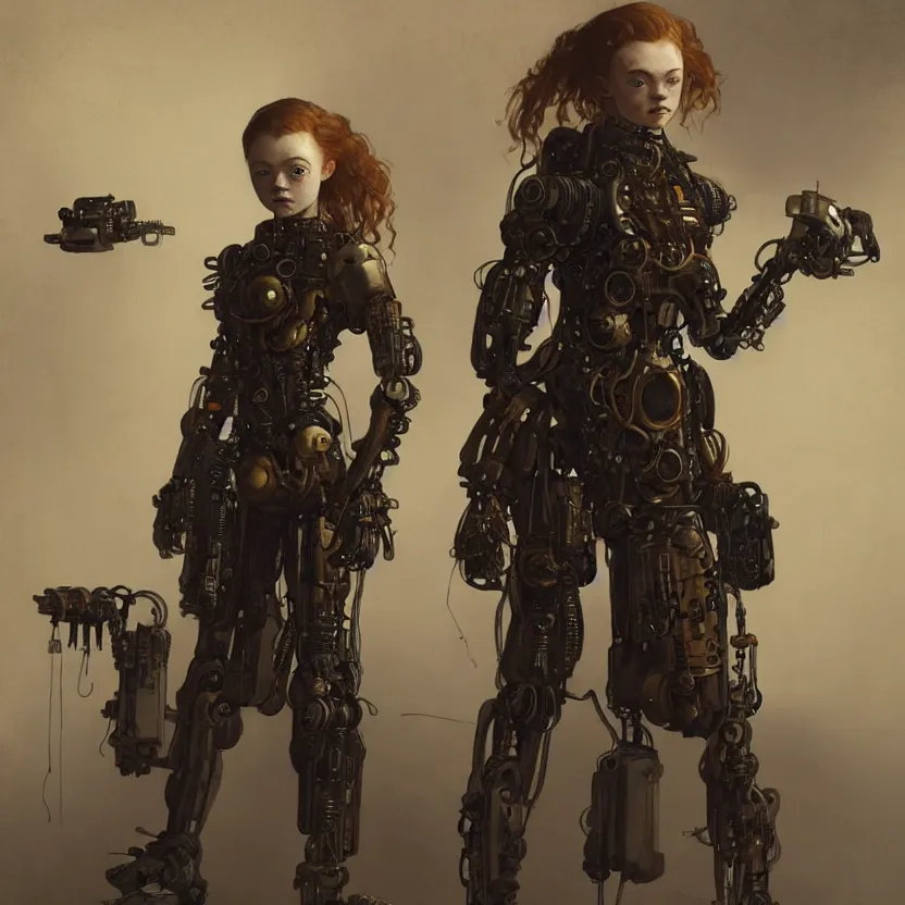 Prompt: sadie sink as barely human steampunk cyborg : costume design concept art for a scifi cyberpunk film. by greg rutkowski, john j. park, jason chan, noah bradley, feng zhu, gintas galvanauskas, gustave courbet, rosa bonheur, edward hopper. sharp focus, cinematic atmosphere, detailed and intricate, perfect anatomy