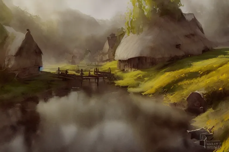 Prompt: paint brush strokes, abstract watercolor painting of rustic village, water mill stone, viking age, fog, ambient lighting, art by hans dahl, by jesper ejsing, art by anders zorn, wonderful masterpiece by greg rutkowski, cinematic light, american romanticism by greg manchess, creation by tyler edlin