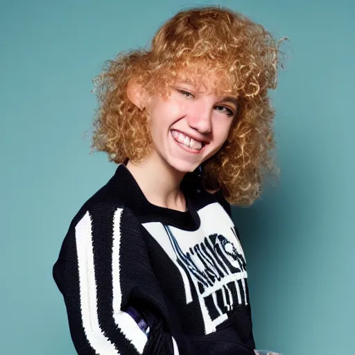 Prompt: tough 1 8 year old girl from the 1 9 8 0 s wearing a black and white patterned sports bomber jack with a knitted sweater, wide purple pants, big blonde hair, sweet smile, dark blue backdrop