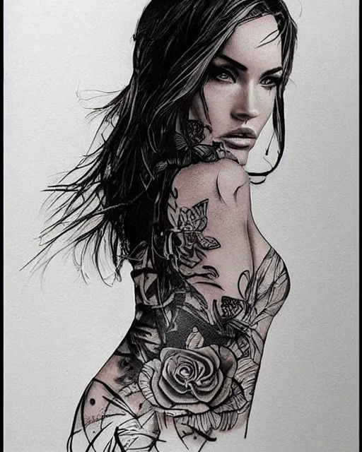 Image similar to double exposure effect tattoo design sketch of megan fox and beautiful mountains, realism tattoo, in the style of matteo pasqualin, amazing detail, sharp
