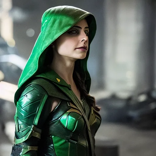 Image similar to film still of willa holland as green arrow in the 2 0 1 7 film justice league, dramatic cinematic lighting, inspirational tone, suspenseful tone, promotional art