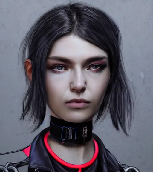 Prompt: detailed realistic female character cyberpunk wearing thick steel collar around neck, realistic, art, beautiful, 4K, collar, choker, collar around neck, punk, artstation, detailed, female, woman, choker, cyberpunk, neon, punk, collar, choker, collar around neck, thick collar, tight around neck, punk, ((looking straight ahead))