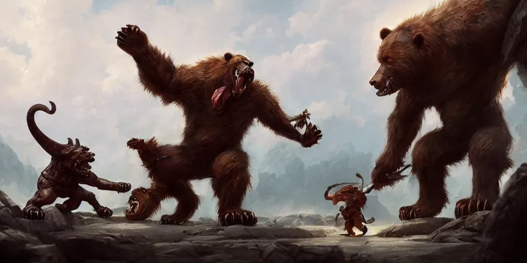 Prompt: Giant demon bear fighting a muscular gnoll. In style of Greg Rutkowski, Jesper Ejsing, Makoto Shinkai, trending on ArtStation, fantasy, great composition, concept art, highly detailed, scenery, 8K, Behance.