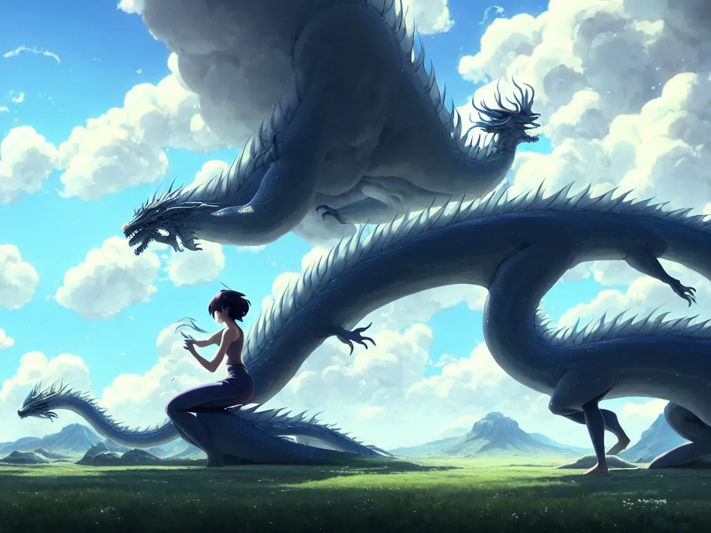 Prompt: a vast scene, panorama distant view, hyper detailed scene render of a beautiful girl sit on a huge silver dragon back, in the white clouds fairyland, animation portrait concept art, style of makoto shinkai, xision, james jean and peter mohrbacher, studio ghibli, artgerm, karol bak, beeple, 4 k hd, animation style