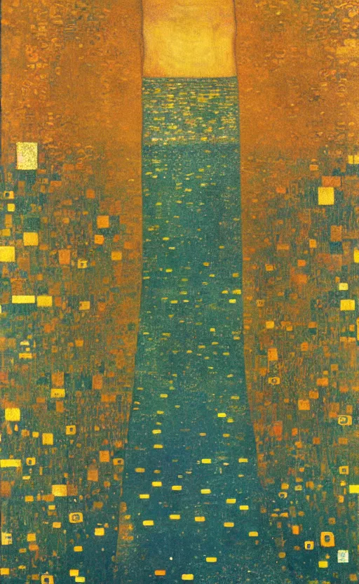 Image similar to textless paperback book cover by klimt. pure colors, melting clouds, accurately drawn details, a sunburst above a receding road with the light reflected in furrows and ruts, after rain. cinematic. trending on artstation. textless.