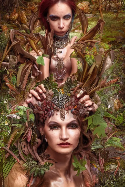 Image similar to cyberpunk aztec goddess in a zen rock garden, by Peter Kemp, by Artgerm, autumn, glamorous hairstyle, vermont fall colors, wearing translucent earthtone fashion, sad, Autumn, art nouveau by Brian Froud, frozen tear, berries, by Alphonse Mucha, highly detailed concept painting with cinematic lighting, trending on art station