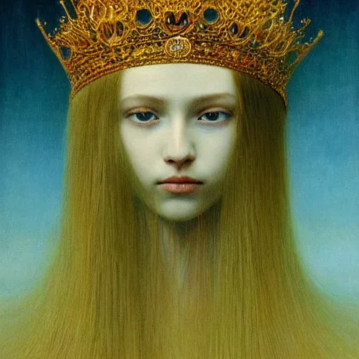 Prompt: teen queen with long golden hairs in golden crown, very pale, with blue eyes, painting by Beksinski