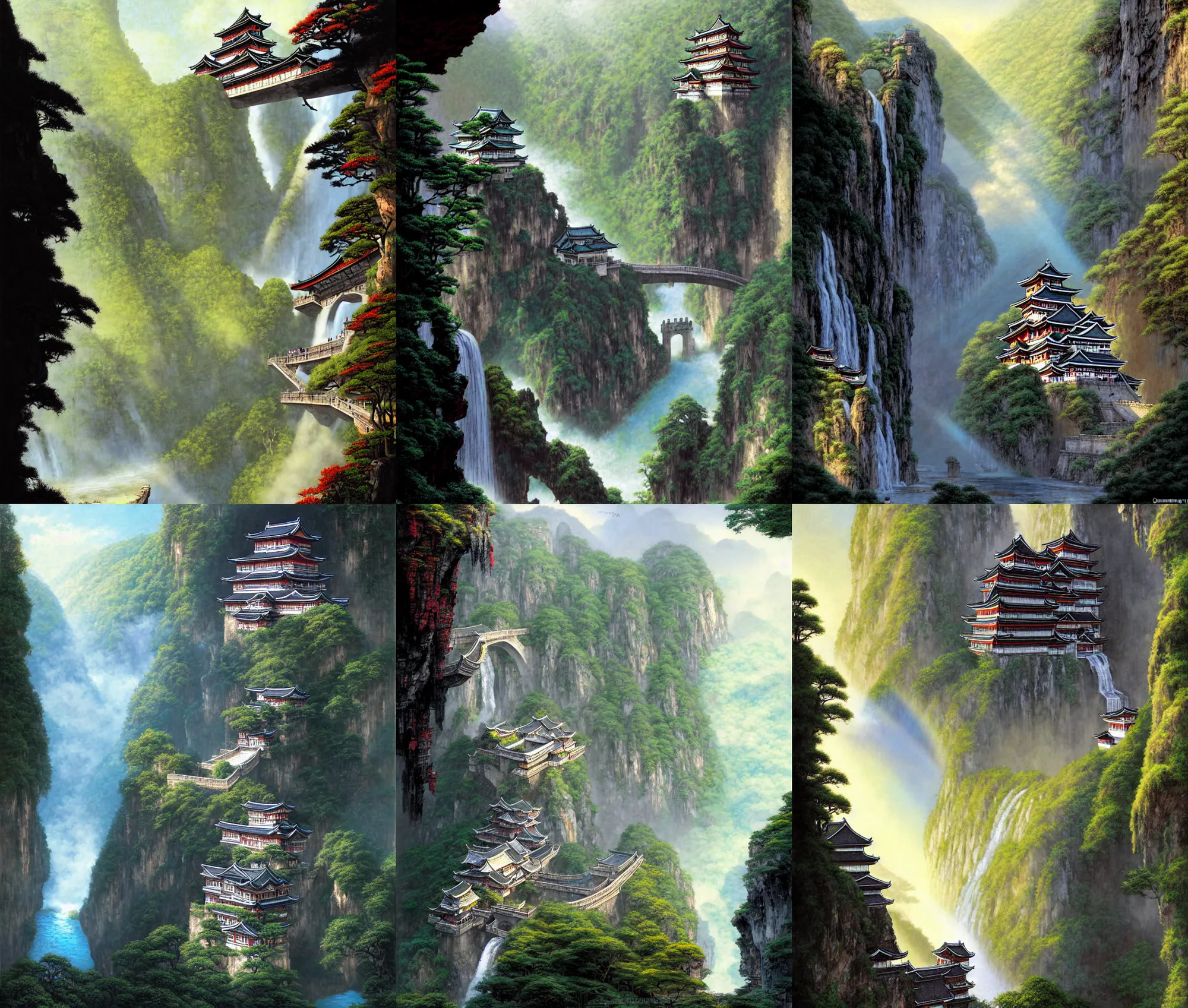Prompt: establishing wide shot inside han son doong with waterfalls on either side of the cliff walls, at the top of the cliff is a japanese castle, a cloister is built into the cliff walls, an old suspension bridge spans the walls, sunny morning light, sunbeam, vibrant, detailed digital concept art by gerald brom and james gurney