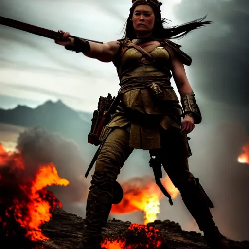 Prompt: a photograph of the goddess of war in the battlefield, action movie, movie still, cinematic, filmic, dramatic, dramatic lighting