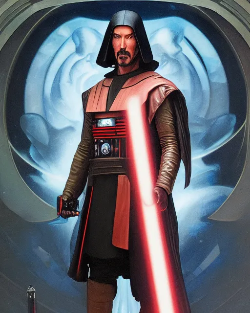 Image similar to 5 5 mm photo of keanu reeves as darth revan. magical atmosphere. art by artgerm, alphonse mucha and greg rutkowski. highly detailed 8 k. intricate. lifelike. soft light. nikon d 8 5 0.