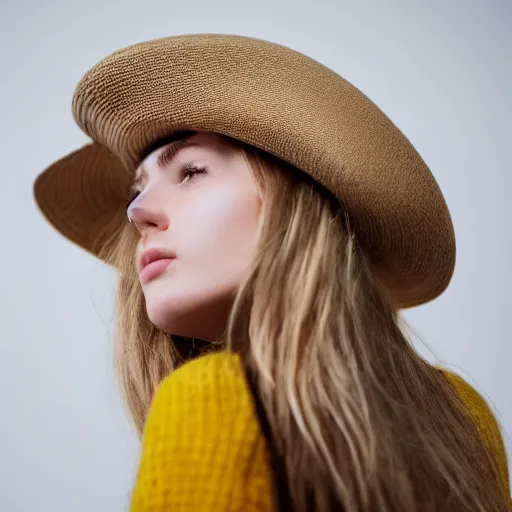 Prompt: portrait of 2 0 - year - old woman with angle lost profile looking away, small smile, cinematic colors, medium yellow blond hair, brown hat, hair comes out of the hat a little