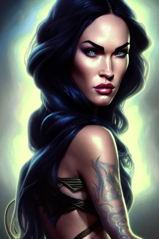 Image similar to portrait of megan fox as liliana vess, magic the gathering, intricate, headshot, highly detailed, digital painting, artstation, concept art, sharp focus, cinematic lighting, illustration, art by artgerm and greg rutkowski, alphonse mucha, cgsociety