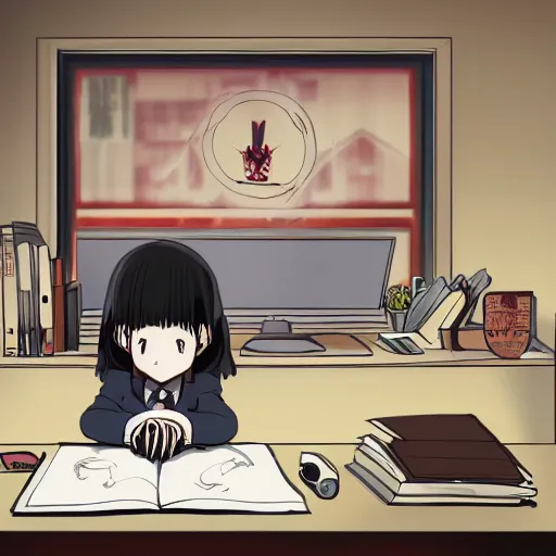 Image similar to dark lord sitting at desk, 3 / 4 view, portrait, ghibli, red demon cyberpunk symbols