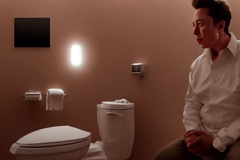 Prompt: hyperrealism aesthetic ridley scott and denis villeneuve style photography of a detailed elon musk, siting on a detailed toilet and scrolling his smartphone in hyperrealism scene from detailed art house movie in style of alejandro jodorowsky and wes anderson