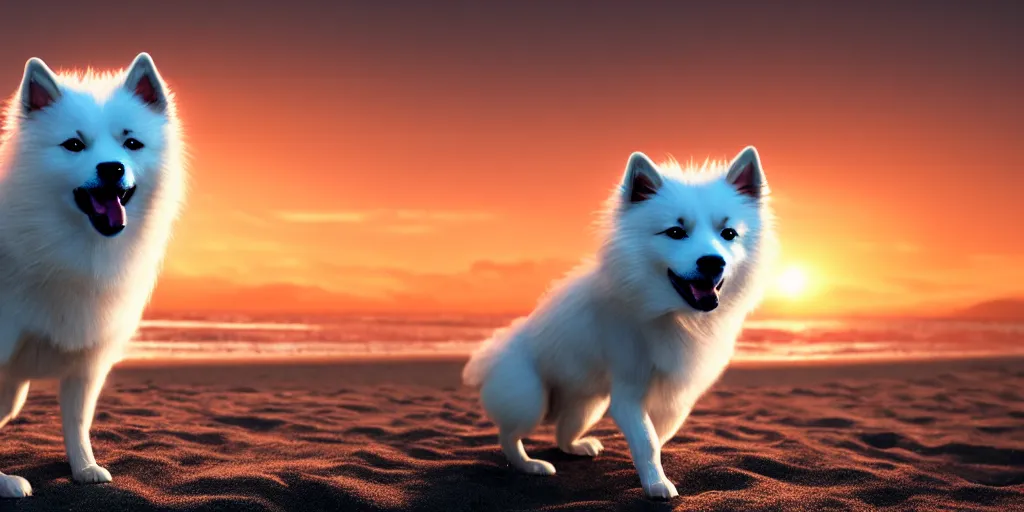 Image similar to a closeup photorealistic photograph of a cyborg japanese spitz on the beach at sunset. part dog part machine, pipes and wires glowing eyes. this 4 k hd image is trending on artstation, featured on behance, well - rendered, extra crisp, features intricate detail and the style of unreal engine. golden hour