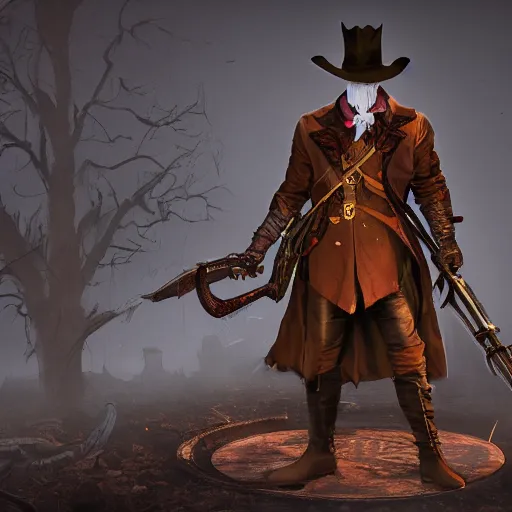 Image similar to a detailed 3 d render of darkwing duck dressed as the hunter from bloodborne, let's get dangerous, digital art, dark fantasy, concept art, soulslike, by alphonse mucha, blood moon eclipse, wherewolves in a ruined building in the background, artstation, 8 k, unreal engine render