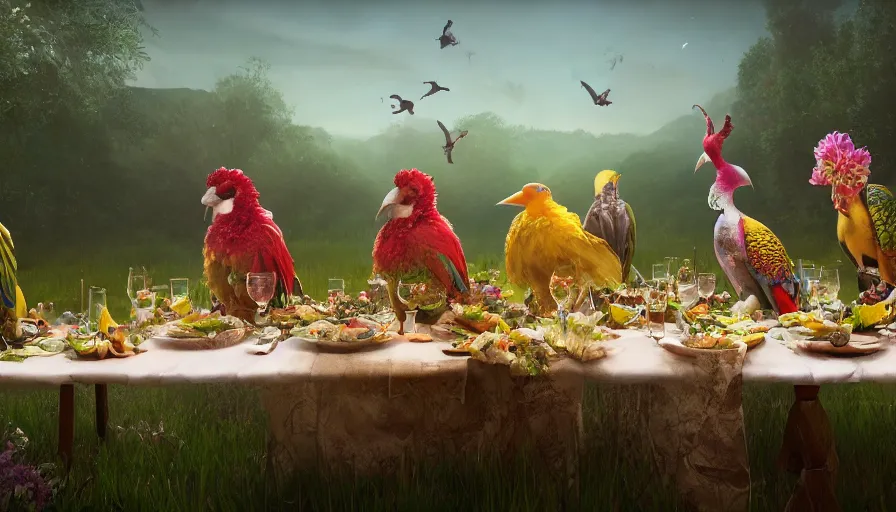 Image similar to a table dinner of exotic birds where birds are dressed like the characters from the midsommar movie wearing flowers, realistic detailed digital art by maxwell boas jessica rossier christian dimitrov anton fadeev trending on artstation cgsociety rendered in unreal engine 4 k hq