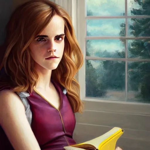 Prompt: portrait of Emma Watson as Hermione Granger sitting next to a window reading a book, focused expression, golden hour, art by Kenne Gregoire and Artgerm, trending on artstation