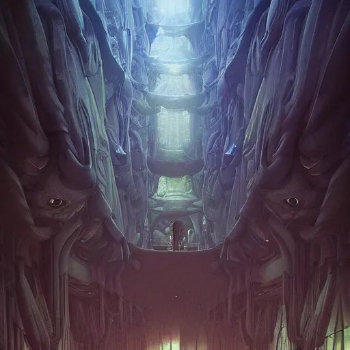 Prompt: epic alien jungle by zdzisław beksinski, greg rutkowski inside a giant futuristic space by zaha hadid, inspired by the movie matrix
