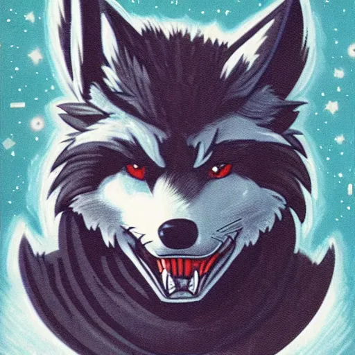 Image similar to 1 9 8 0 s video game art portrait of anthropomorphic wolf o'donnell from starfox fursona furry wolf in a dark space mercenary uniform, looking heroic, magazine scan, 8 0 s game box art, dark grey wolf o'donnell