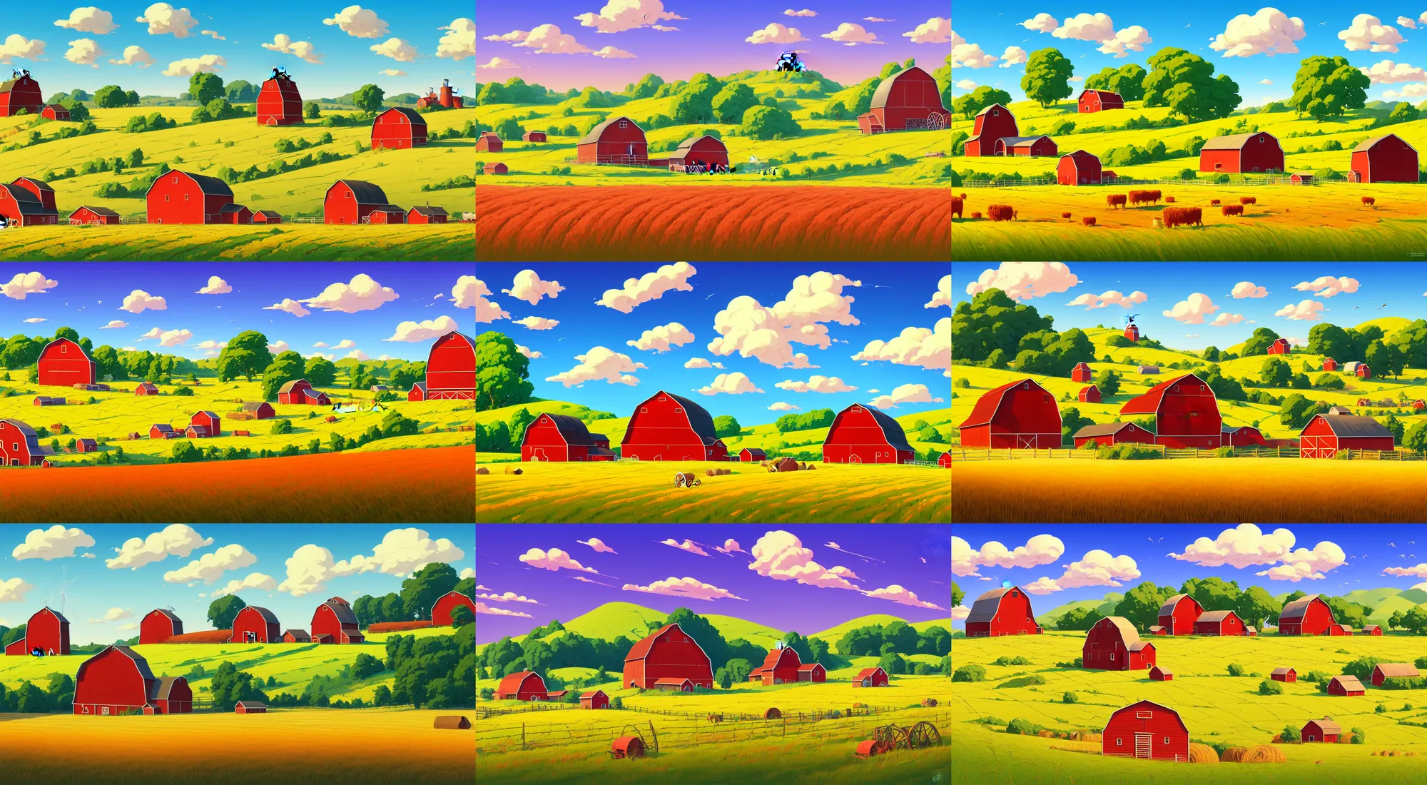 Prompt: Summer farm landscape vector background, red barn and mill in the summer field with haystacks, vector illustration, in marble incrusted of legends heartstone official fanart behance hd by Jesper Ejsing, by RHADS, Makoto Shinkai and Lois van baarle, ilya kuvshinov, rossdraws global illumination