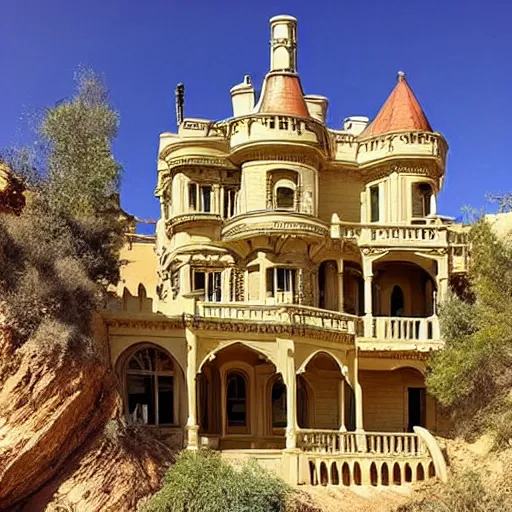 Image similar to a large, victorian mansion covered in sand in a canyon. surreal, dream like.