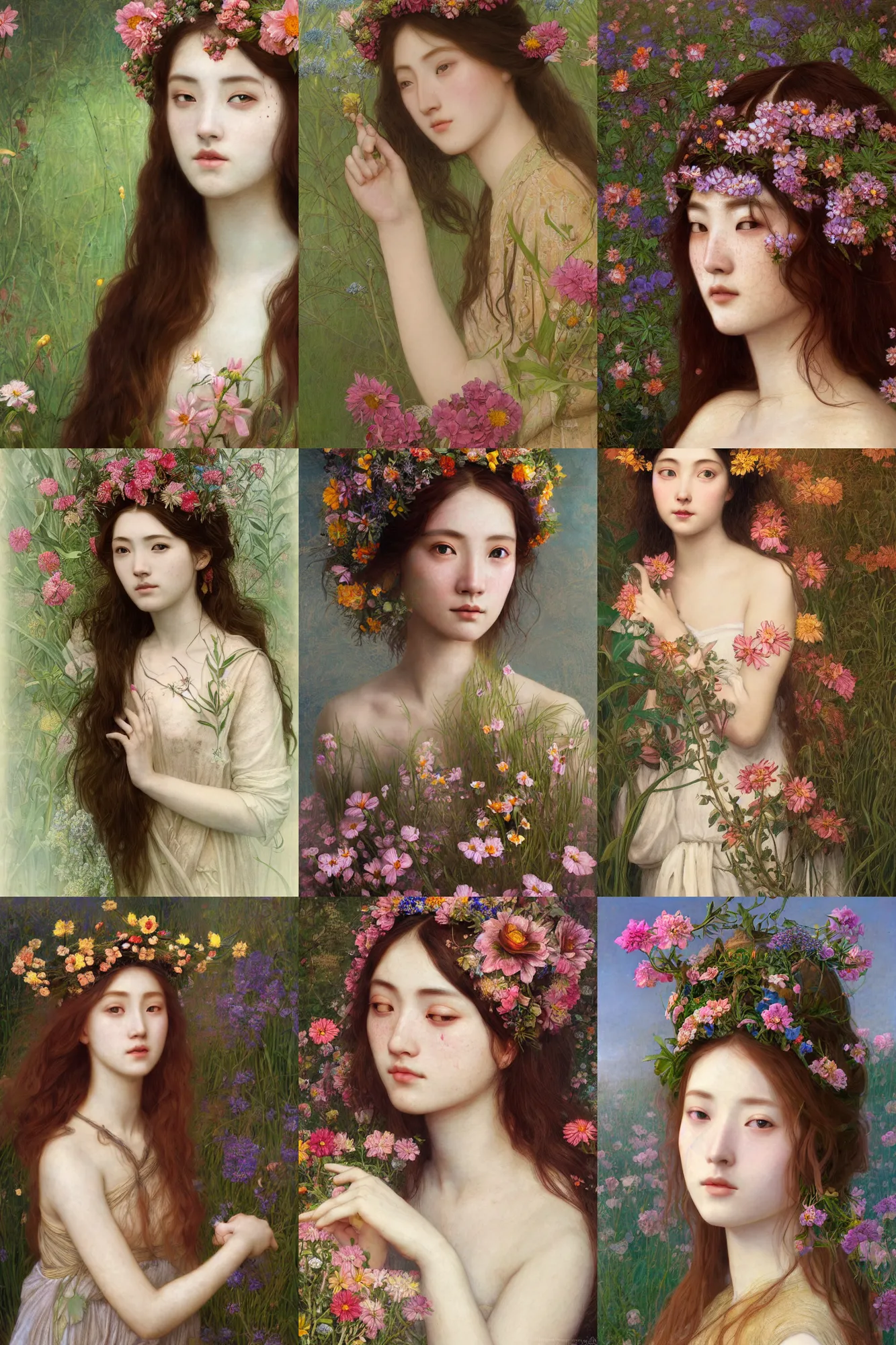 Image similar to Pre-raphaelite painting of a beautiful asian girl with freckles, wearing a flower headpiece, surrounded by big flowers, porcelain skin, cinematic lighting, photo realistic, highly detailed, maya, digital painting, artstation, concept art, sharp focus, illustration, by Mucha