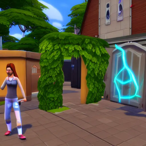 Prompt: a portal in real world that leads to sims 4 world