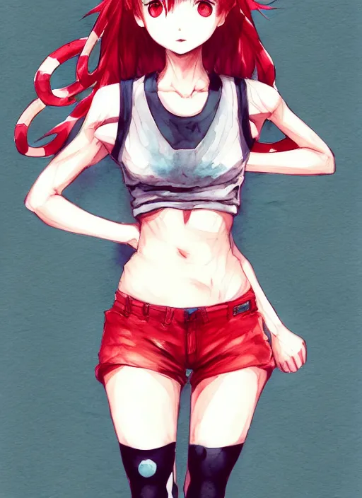 Image similar to fullbody!! yoshitaka amano lineart, watercolour, gorgeous girl symmetrical face, short red hair, crop top, shorts, dynamic action pose, hyper detailed, character concept, intricate, elegant, digital painting, artstation, smooth, sharp focus