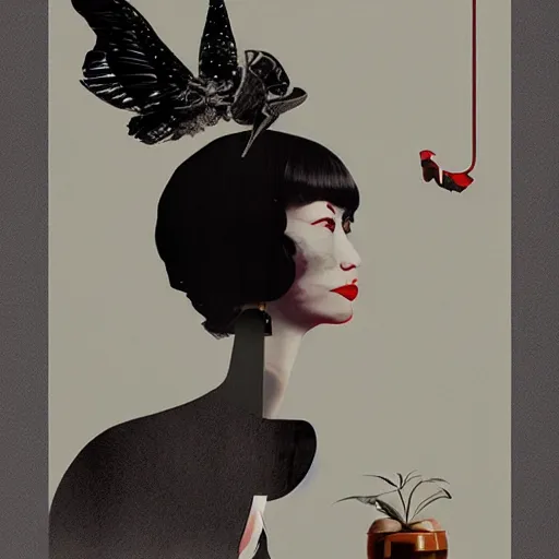 Image similar to intrusive thouhts, toshiko okanoue, conrad roset, beeple, screen print, limited colors