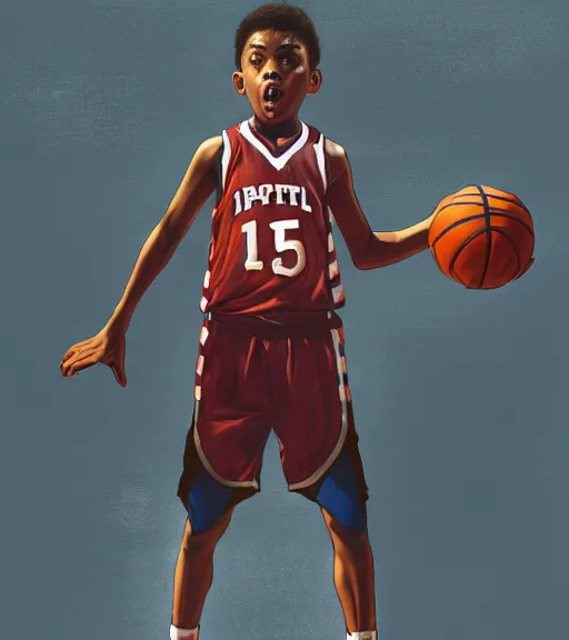 Prompt: "portrait of a boy at a basketball court playing basketball wearing a basketball uniform in a basketball court standing near the basketball hoop