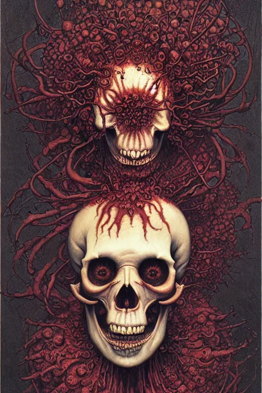 Image similar to portrait of skullcandy, cayenne flowers and knives in the style of wayne barlowe, gustav moreau, goward, bussiere, roberto ferri, santiago caruso, luis ricardo falero, austin osman spare