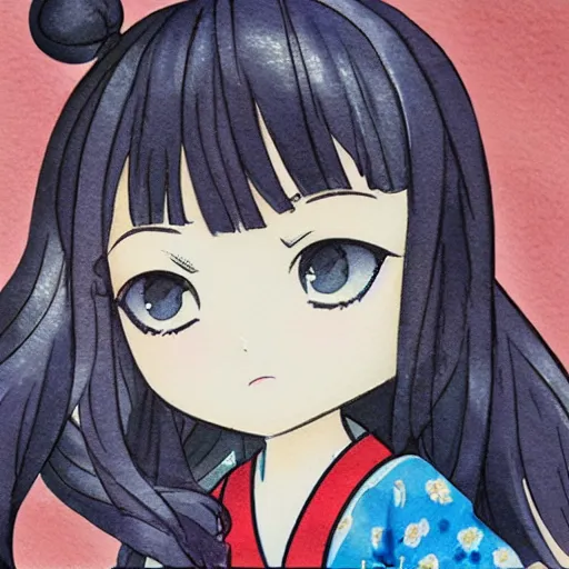 Image similar to beautiful water color concept art of face detailing cute nendoroid girl in the style of ukiyoe , toon rendering, close-up, no shade, modern art