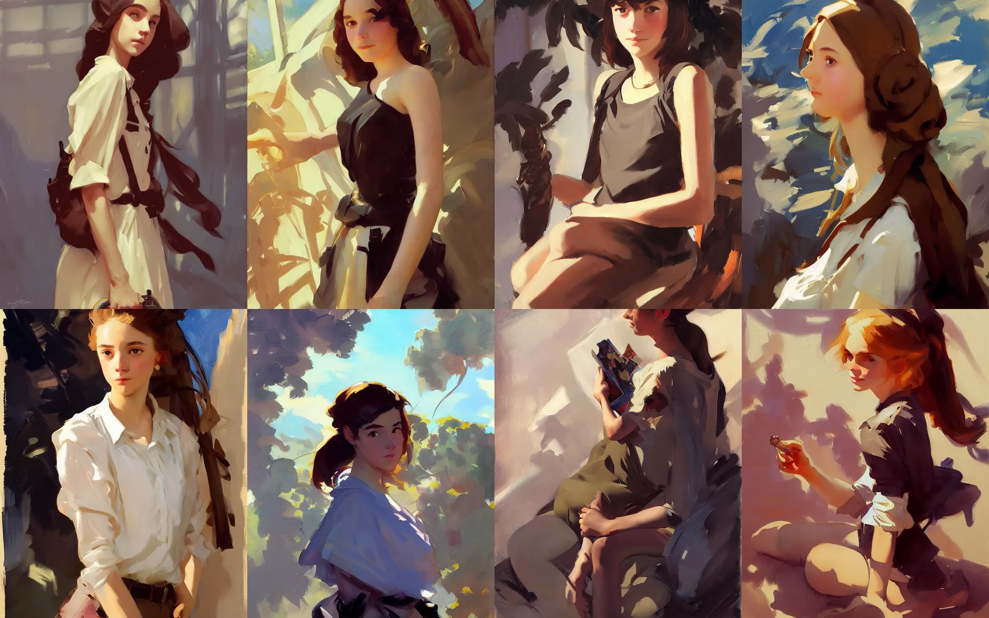 Image similar to portrait of teenage girl traveler greg manchess painting by sargent and leyendecker, studio ghibli, fantasy, medium shot, asymmetrical, intricate, elegant, matte painting, illustration, hearthstone, by greg rutkowski, by greg tocchini, by james gilleard, by joe fenton