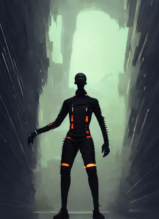 Prompt: full body portrait of thin fit black man with mohawk, futuristic techwear, highly detailed clothing, angular jawline, masculine, cinematic digital painting, artstation, dramatic concept art, smooth, sharp focus, electric orange highlight, fantasy art by greg rutkowski, loish, rhads, ferdinand knab, makoto shinkai, ilya kuvshinov, rossdraws