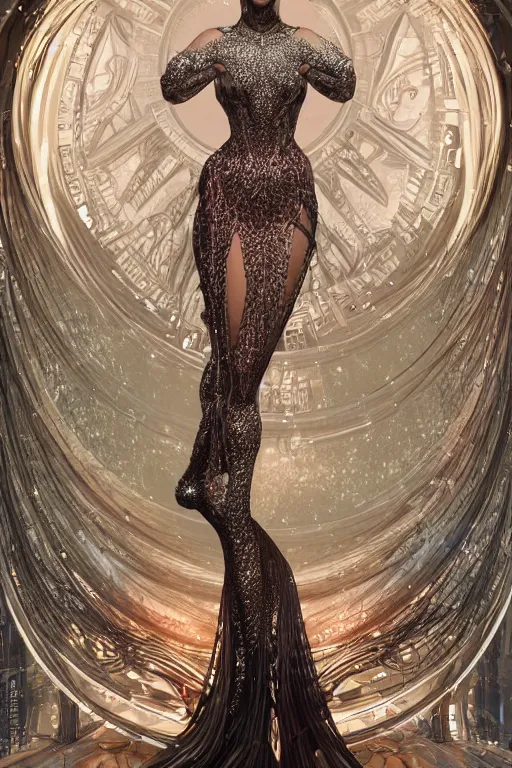 Image similar to a portrait of a beautiful ancient alien woman goddess bella hadid fairy standing in iris van herpen dress in diamonds and fractals in style of alphonse mucha art nuvo dmt trending on artstation made in unreal engine 4