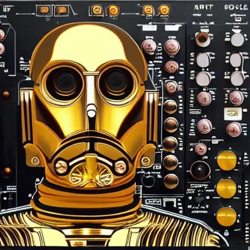 Prompt: a hyperrealistic art nouveau portrait of c 3 po with make noise eurorack module aesthetics