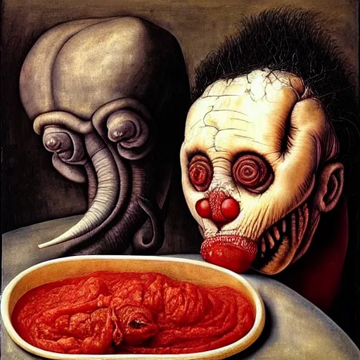 Image similar to a boy like eraserhead and elephant man sitting in a tub full of tomato sauce, looking straight into camera, screaming in desperation, by giuseppe arcimboldo and ambrosius benson, renaissance, fruit, intricate and intense oil paint, a touch of beksinski and hr giger, realistic