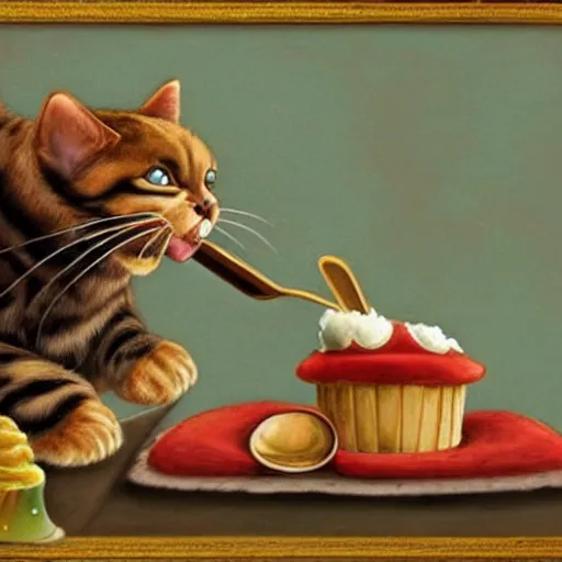 Prompt: high fantasy painting of a cat dressed as a walrus eating an ice cream sundae