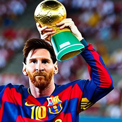 Prompt: Lionel Messi holding the Fifa World Cup