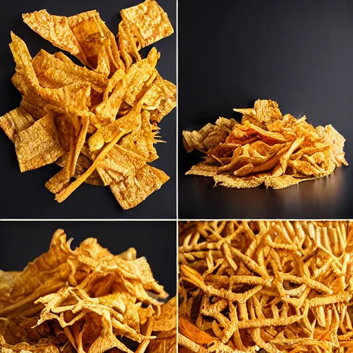 Image similar to a chaotic collage of award winning crispy crisps