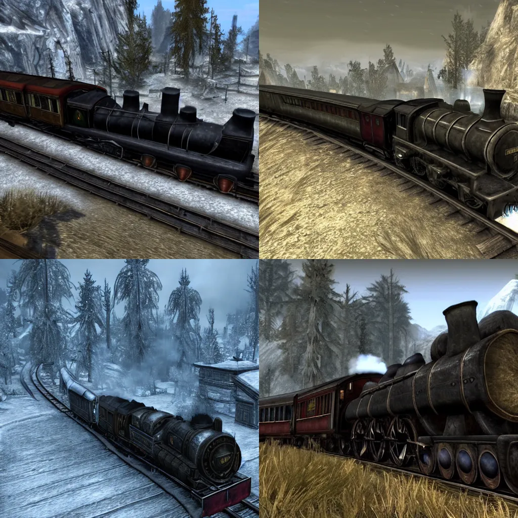 Prompt: A steam train, screenshot from the game 'Elder Scrolls V: Skyrim'