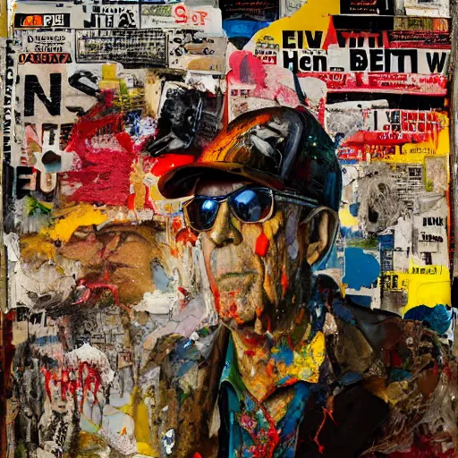 Image similar to hyperrealistic, photorealistic, mixed media oil painting of hunter s thompson, magazine scraps, plaster, blood, oil, mustard, splatter, greg rutkowski, basquiat, ralph steadman, wesley kimler, terry gilliam, andy warhol