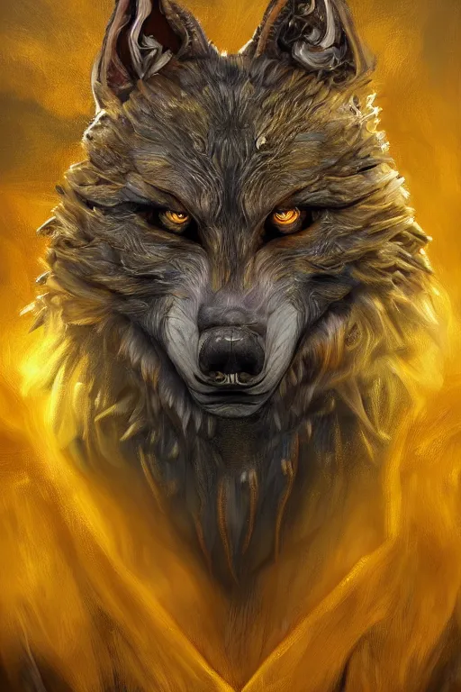 Image similar to ultra realist and ultra intricate detailed soft painting of a werewolf, from the waist up, symmetry features, glowing yellow eyes, sensual gloomy style, volumetric clouds, forest background, artstation, unreal render, depth of field