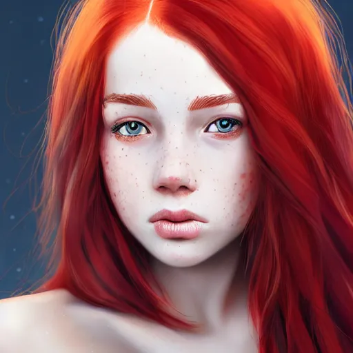 Image similar to portrait of a teen girl with freckles with long red hair and bright brown eyes, 8 k, highly detailed, digital painting, artstation, sharp focus, illustration