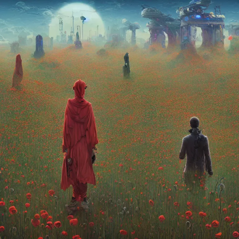 Prompt: A person at a music festival standing amongst opium poppies with speakers around portals, cyberpunk, epic surrealism, Detailed digital matte painting in the style of simon stalenhag and Bev dolittle Zdzislaw Beksinski, Greg Hildebrandt artstation, psychedelic