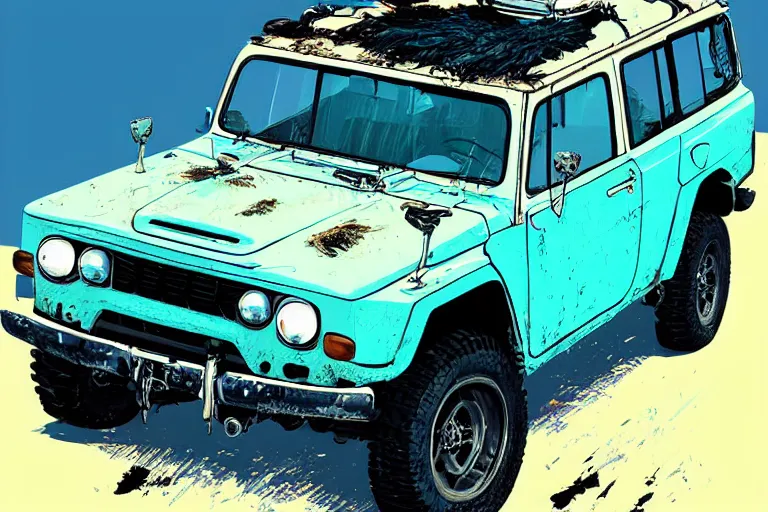 Image similar to digital illustration of a faded cyan mad max's fj 4 0 decrepit!!!! pursuit special, rusty!!! nissan fj cruiser heavily modded 1 9 9 0 s, the last v 8 interceptor by makoto shinkai, ilya kuvshinov, lois van baarle, rossdraws, basquiat