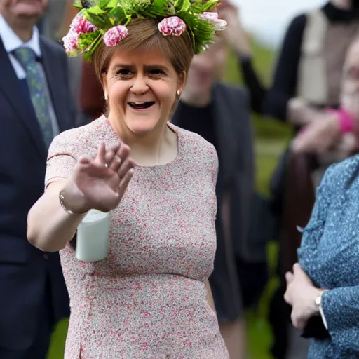 Image similar to nicola sturgeon, happy, with a flower crown